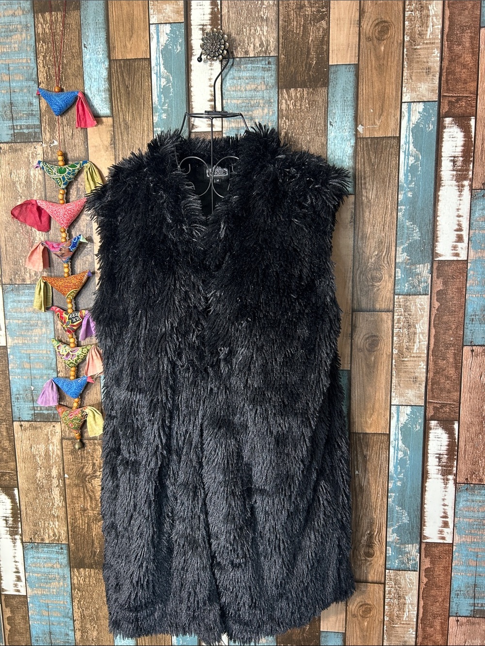 Angie Black Faux Fur Sleeveless long  Vest with pockets
